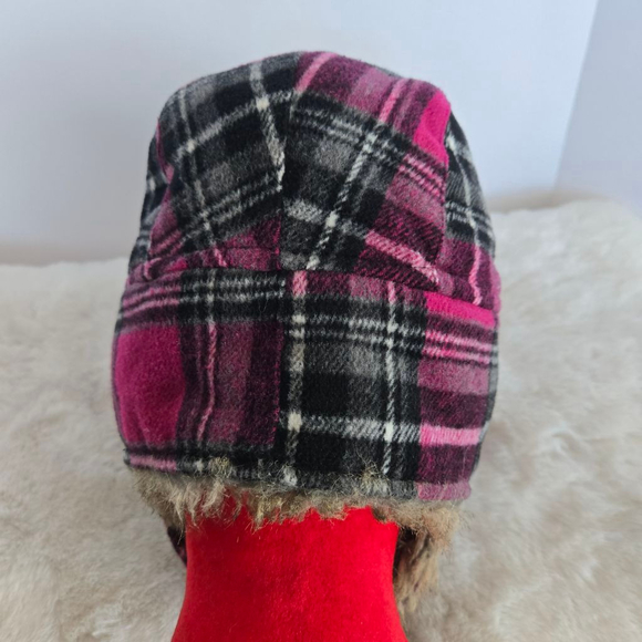 Women's John Deere Plaid Trapper Hat One Size Pink Black Faux Fur - Picture 7 of 12